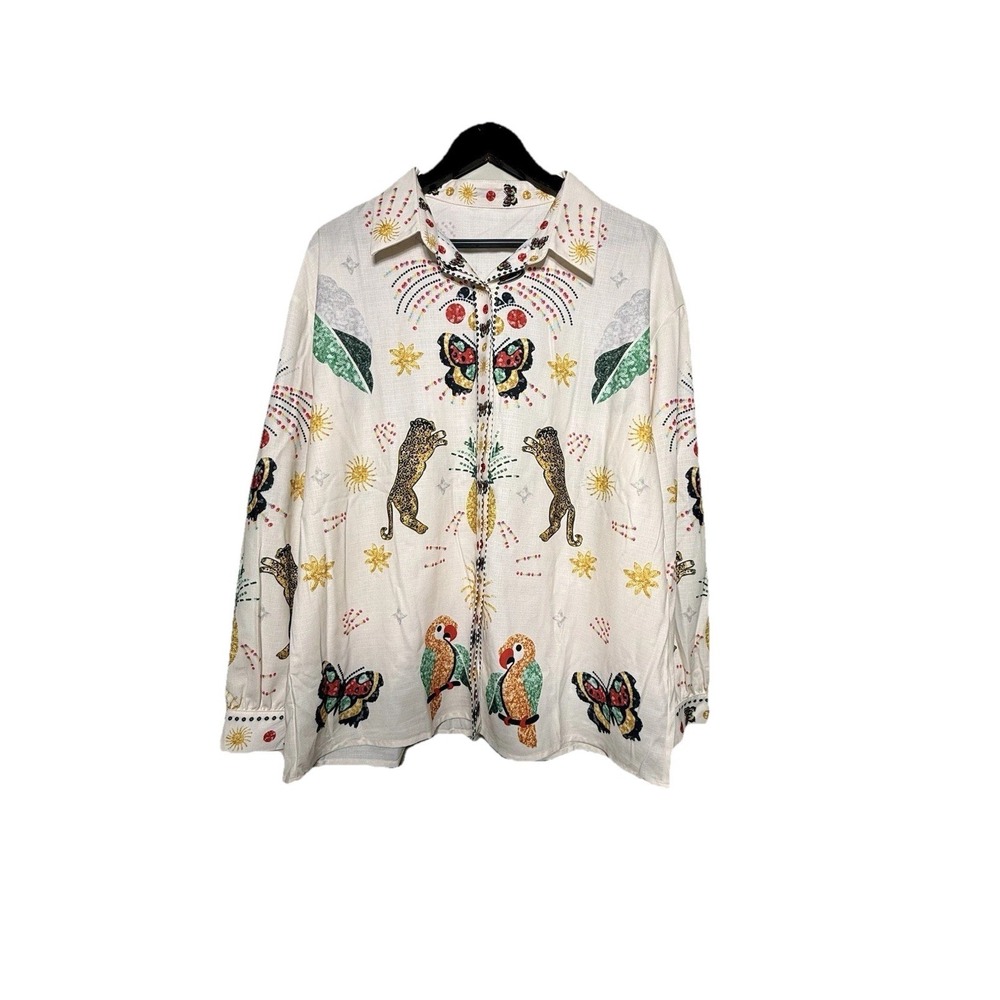 Linen Blend Tropical Maximalist Button Up Shirt XXL Leopard Butterfly Parrot Sun